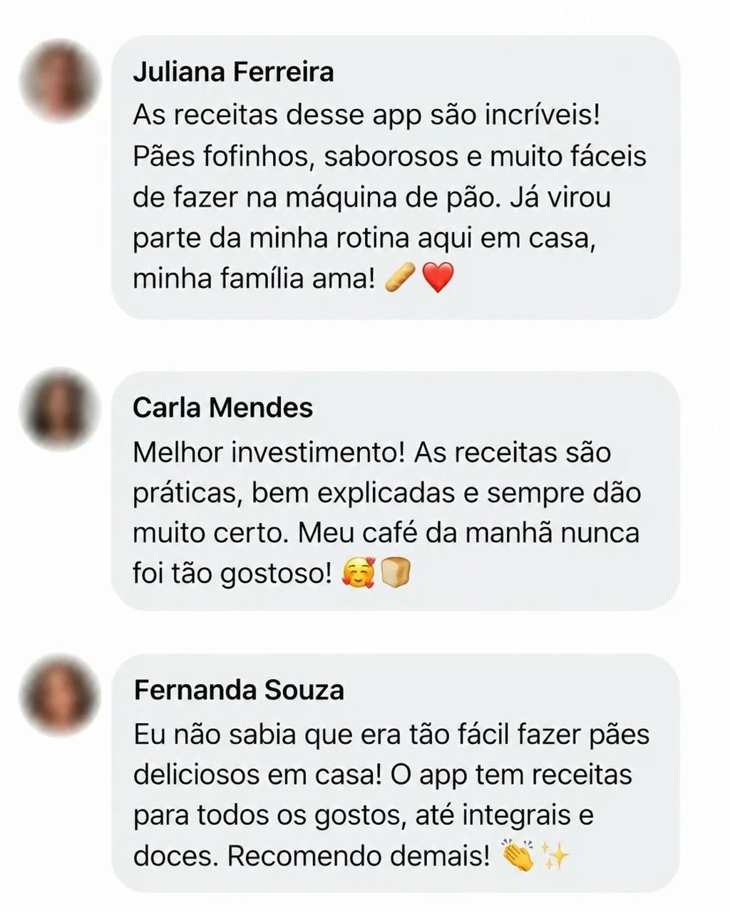 Comentários de alunas sobre o aplicativo de receitas